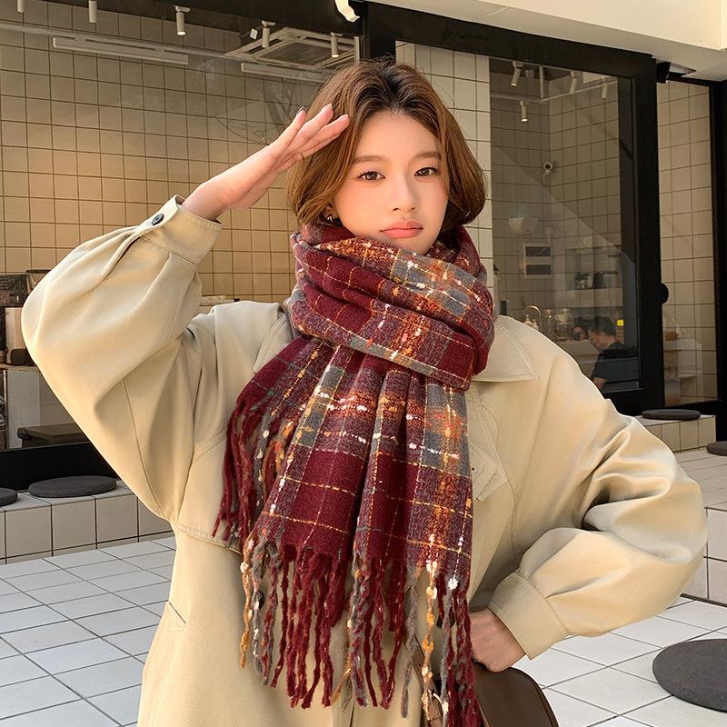 流苏安可拉红色格子围巾女冬季2025新款百搭保暖生日礼物披肩围脖