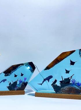 鲸鲨和蝠鲼夜灯环氧树脂木家居装饰独特礼物万圣节礼物父亲节礼物