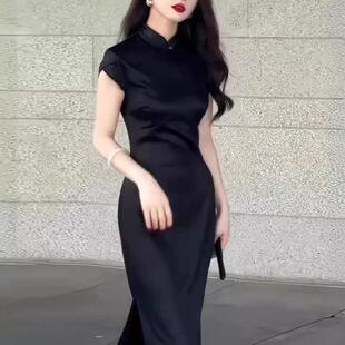 黑色旗袍年轻款高端气质2024新款新中式国风暗色系高级感连衣裙女