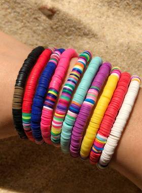 欧美跨境新款沙滩波西米亚甜美6彩色软陶手链女弹力绳手串
