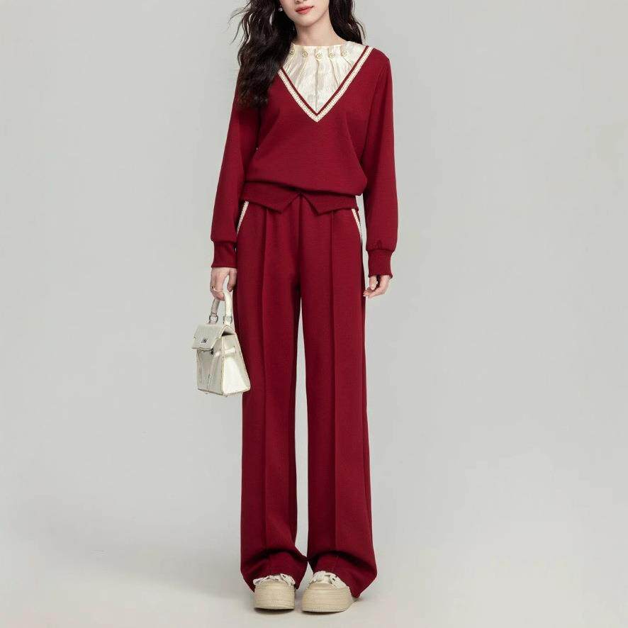 高级感红色时尚套装女2025春法式洋气拼接小香风上衣 阔脚裤两件