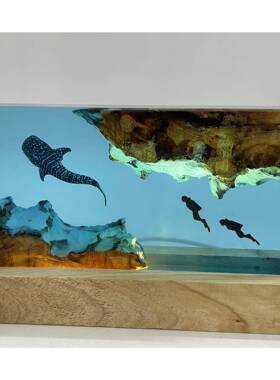 鲸鲨和潜水员 树脂夜灯 水肺潜水深海探索个性化木灯家居装饰礼物