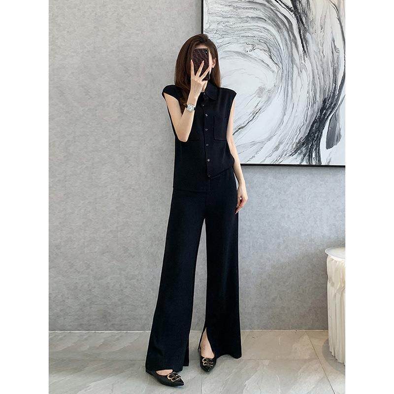 时尚休闲冰丝针织套装女夏新款无袖翻领开衫高腰阔脚裤显瘦两件套