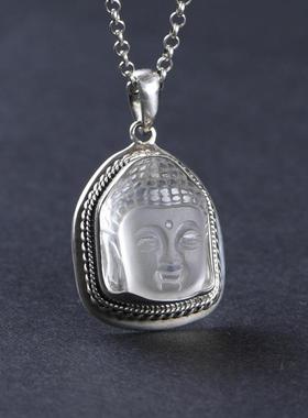 网红 S925银复古麻绳纹银镶嵌白水晶吊坠 女款佛头颈饰项坠