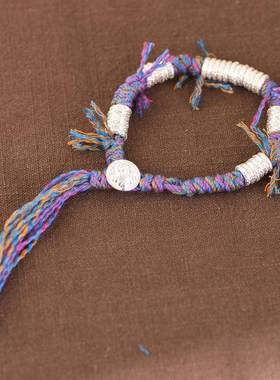 网红 足银盘缠手串 简约手工编绳手链999银黄财像锤纹银环手环