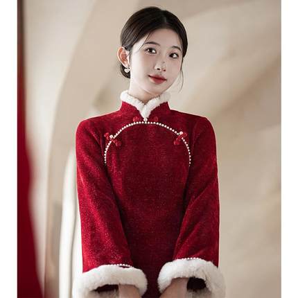 红色旗袍敬酒服冬季加绒加厚改良倒大袖新娘结婚订婚礼服新年战袍