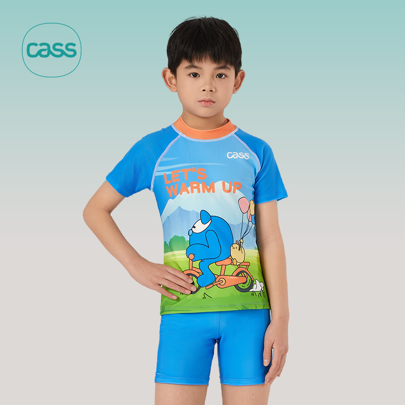 Cass儿童泳衣男孩2025新款中大童防晒分体式短袖游泳套装学生保守