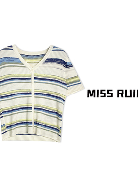 MISS RUILI定制 新款气质V领修身条纹撞色冰丝针织衫A6983