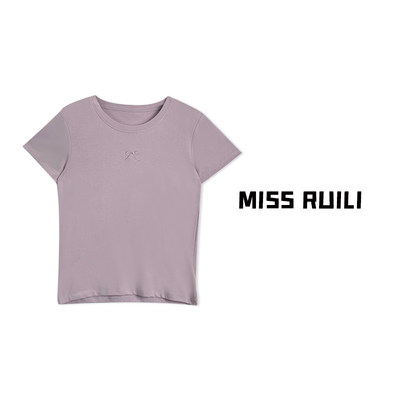 MISS RUILI定制 韩版简约蝴蝶结刺绣正肩显瘦短袖T恤女A6741