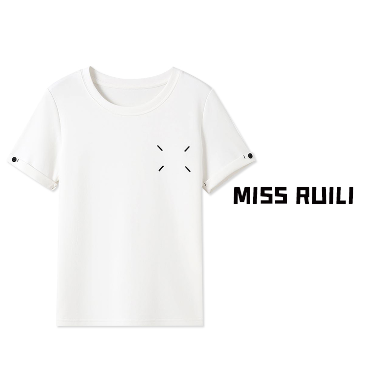 MISS RUILI定制 夏季新款对角线刺绣圆领休闲百搭短袖T恤A710