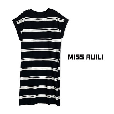 MISS RUILI定制 夏季复古撞色条纹气质宽松休闲连衣裙A7246