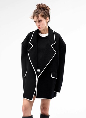 NO5INMODE秋冬女宽肩撞色毛边羊毛混纺强缩呢休闲大衣西装