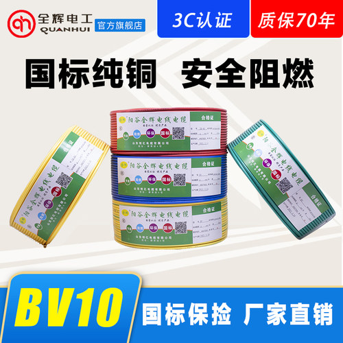 国标电线BV10平方单芯线铜芯家装家用硬线纯铜空调电源线电缆包邮