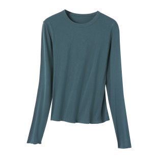 显瘦垂感透气内搭外穿百搭上衣 t恤女修身 炽火火 孔雀绿纯棉长袖