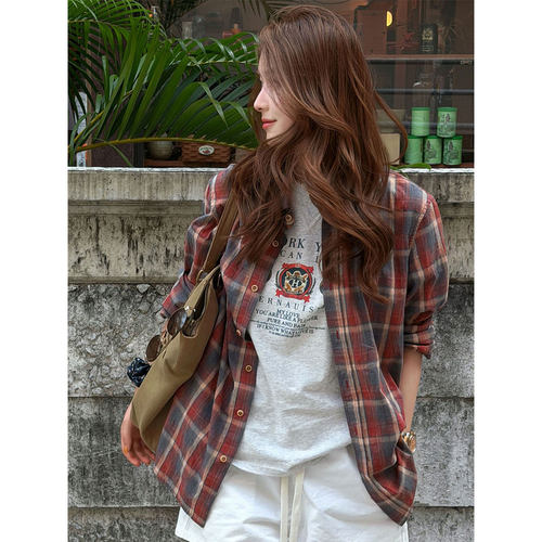 红蓝撞色长袖衬衫女新款格纹