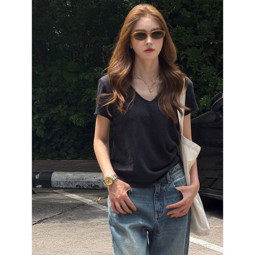 黑色v领短袖t恤女新款通勤