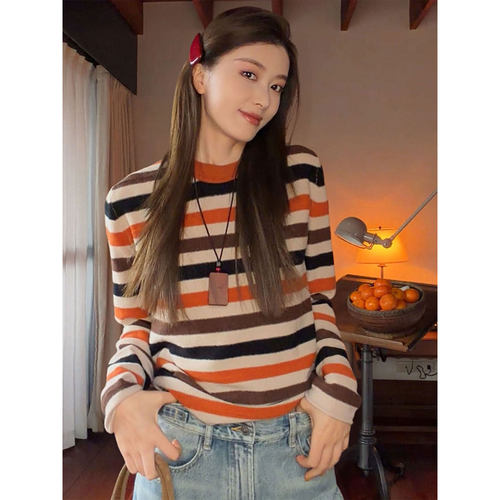 撞色条纹圆领毛衣女复古美式风