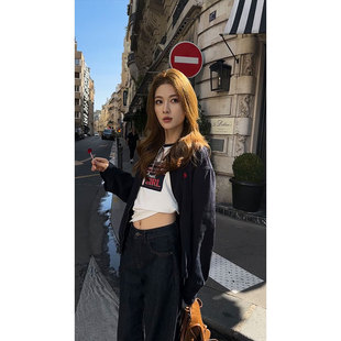 水洗藏青色拉链刺绣上衣 复古磨毛外套女2025新款 炽火火 现货