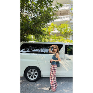 撞色抽绳腰宽松显瘦百搭长裤 炽火火 女新款 纹阔腿裤 复古休闲风格