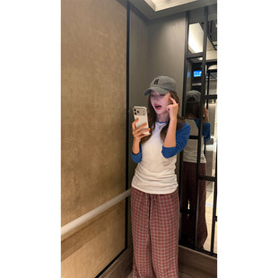 松弛休闲风宽松显瘦百搭长裤 炽火火红蓝格纹抽绳阔腿裤 女2026新款