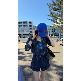 风高腰显瘦百搭a字热裤 炽火火 复古美式 女新款 深蓝明线牛仔短裤