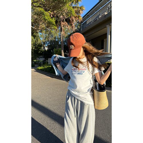 炽火火 法式标语印花短袖t恤女新款清新文艺风宽松显瘦百搭上衣