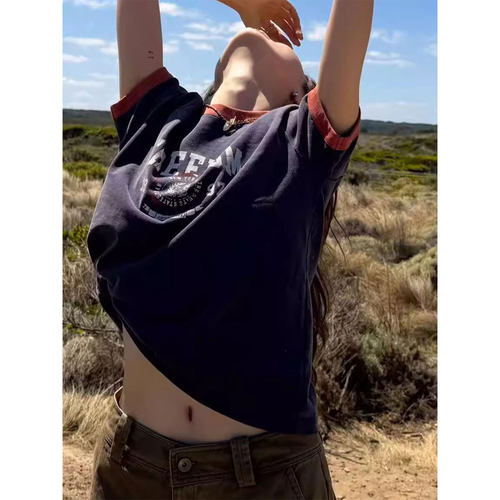美式复古做旧撞色印花短袖t恤女
