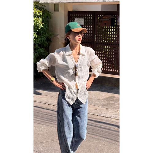 老钱风亚麻衬衫女新款白色翻领
