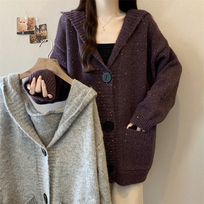 实拍秋冬紫色亮片高线感开衫外套女胖mm中长款慵懒宽松连帽毛衣