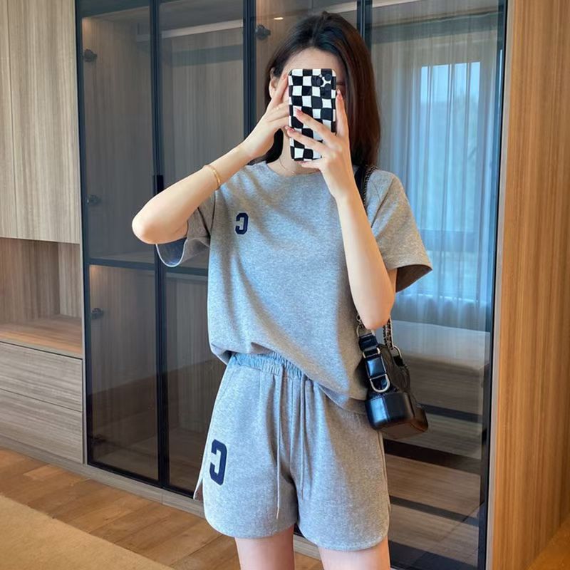 2025年新款运动套装女装灰色夏季薄款盐系宽松大码短袖短裤两件套