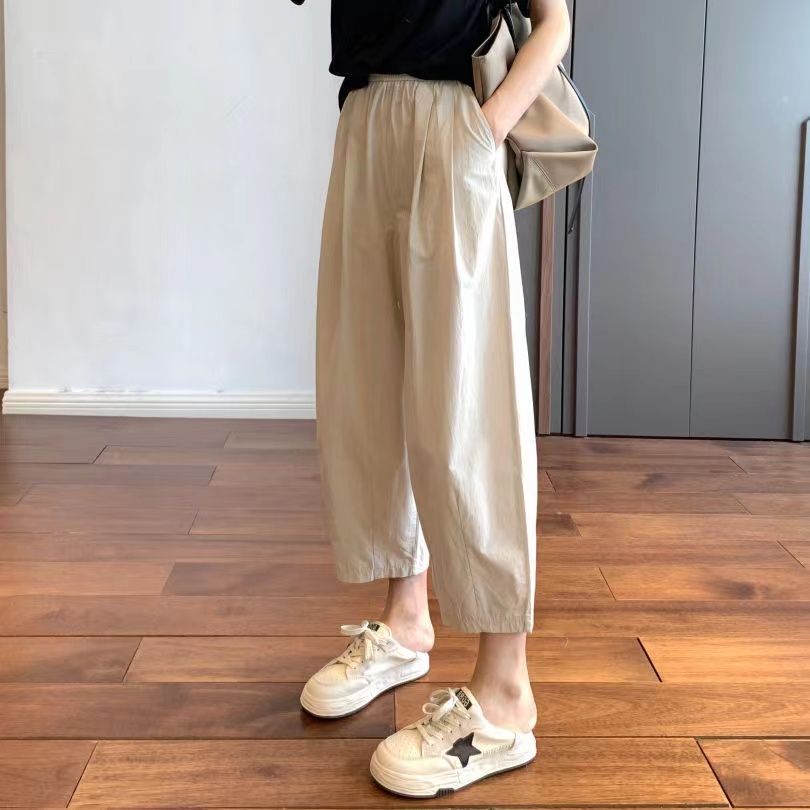 纯棉休闲阔腿裤子女薄款夏季韩版大码宽松高腰显瘦九分工装直筒裤
