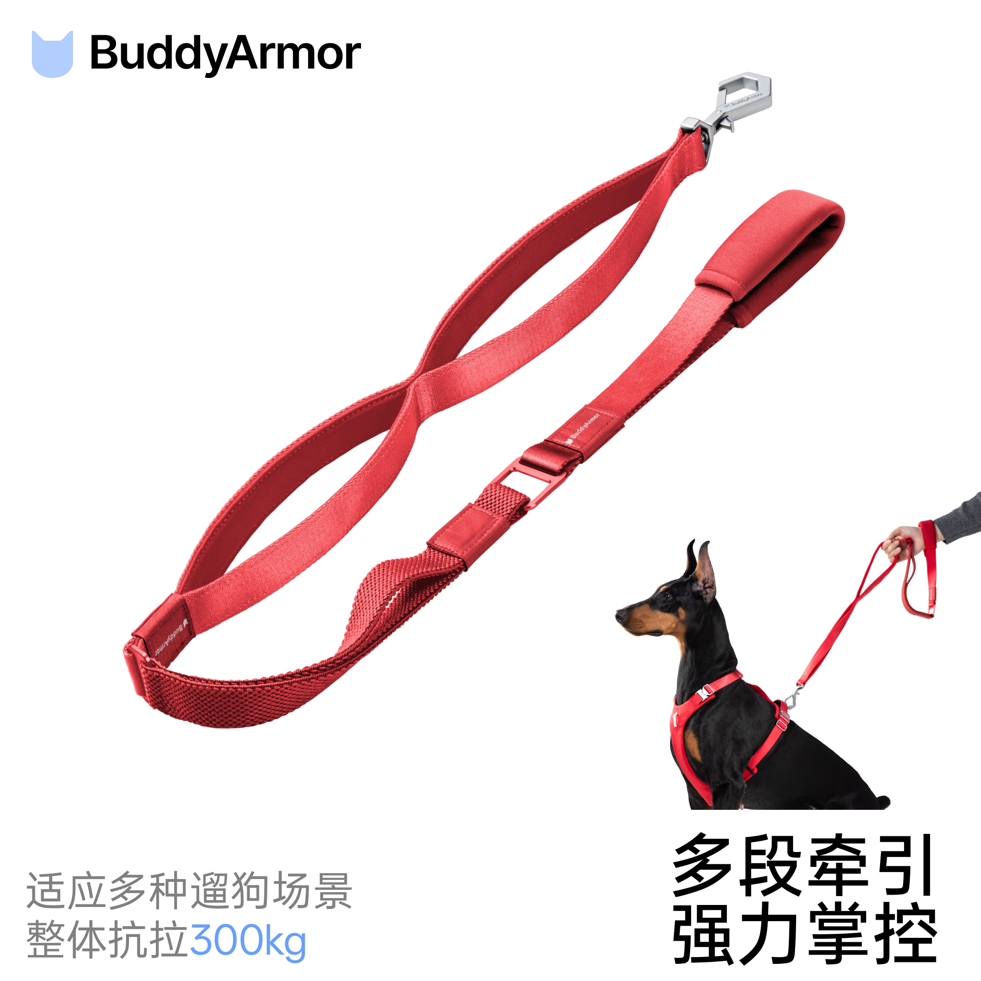 BuddyArmor中大型犬狗牵引绳多段把手抗拉扣具弹力缓释爆冲 - 实物图