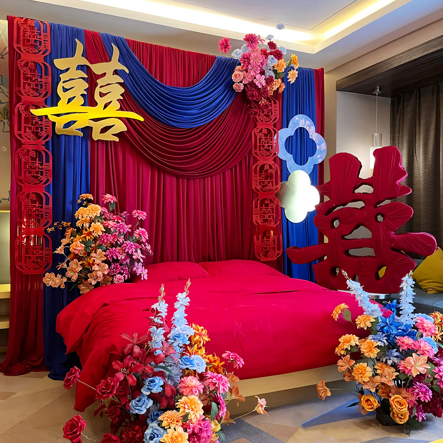 婚房布置高级感中式布幔喜字花艺套装婚礼卧室男女方结婚床头背景