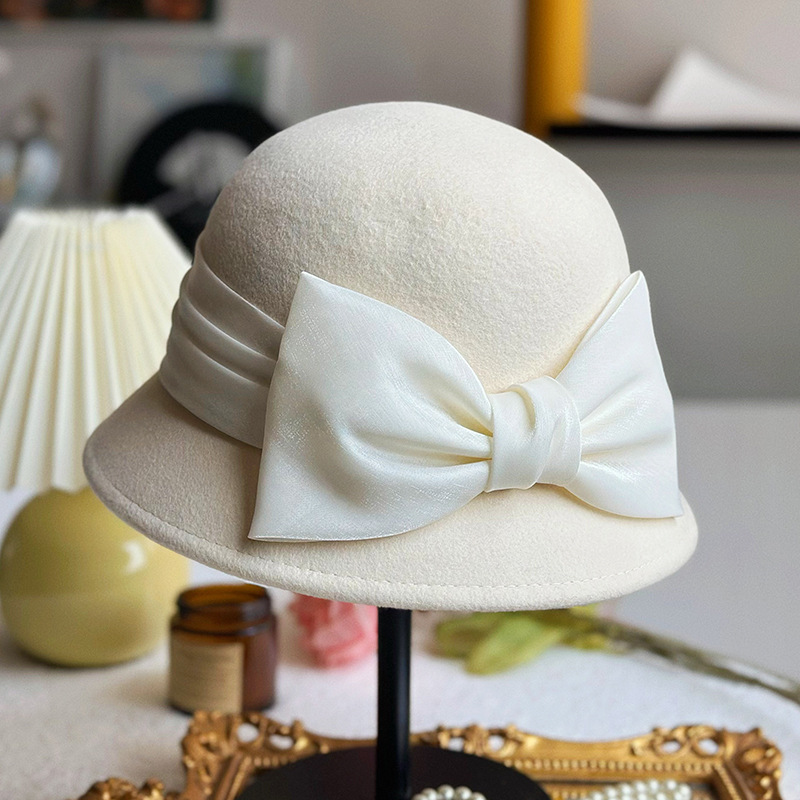名媛风新款女帽秋冬高档纯羊毛法式复古蝴蝶结优雅时尚短檐渔夫帽