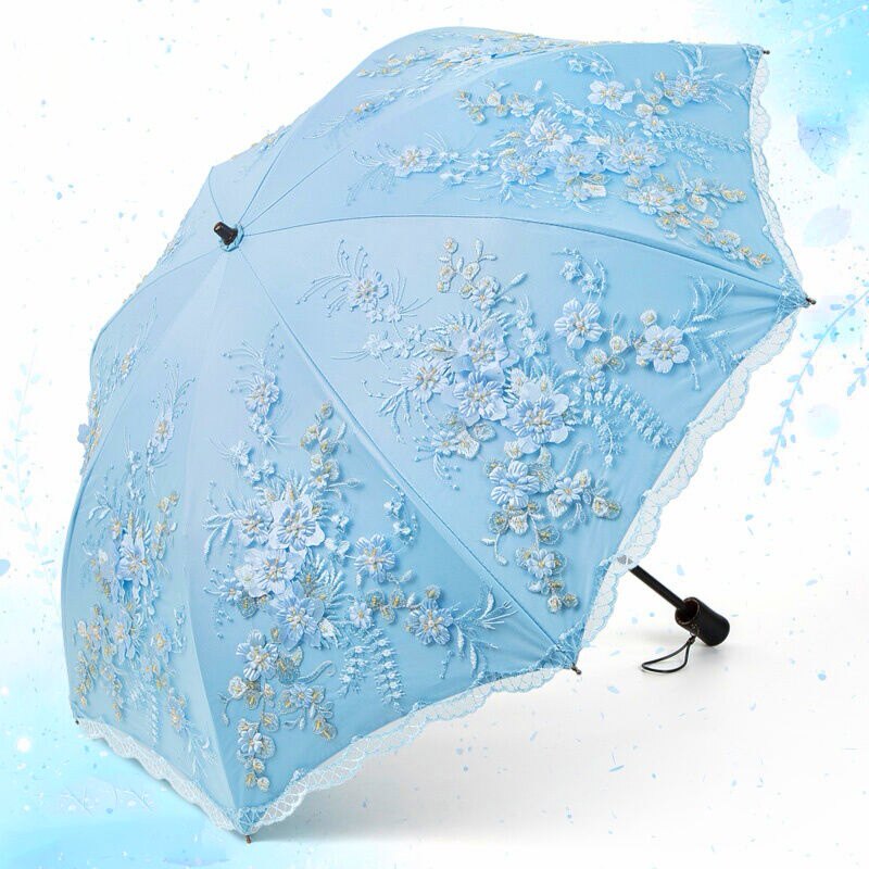 好梦高端刺绣太阳伞女防紫外线蕾丝二折遮阳伞黑胶防晒晴雨两用伞