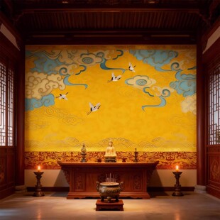 仙道定制墙纸佛堂寺庙供神台背景墙壁纸装 金色祥云墙布 饰壁画中式