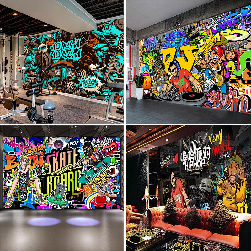 复古涂鸦嘻哈街舞健身房壁纸手绘舞蹈室背景墙壁画酒吧音乐吧墙纸