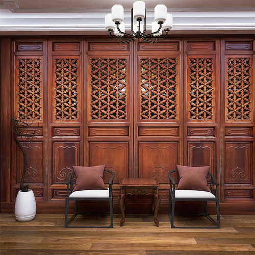中式古典镂空雕花木门墙纸