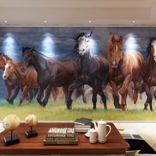 蒙古风格元素图案壁纸蒙古马系列装饰画客厅卧室手绘油画定制墙纸