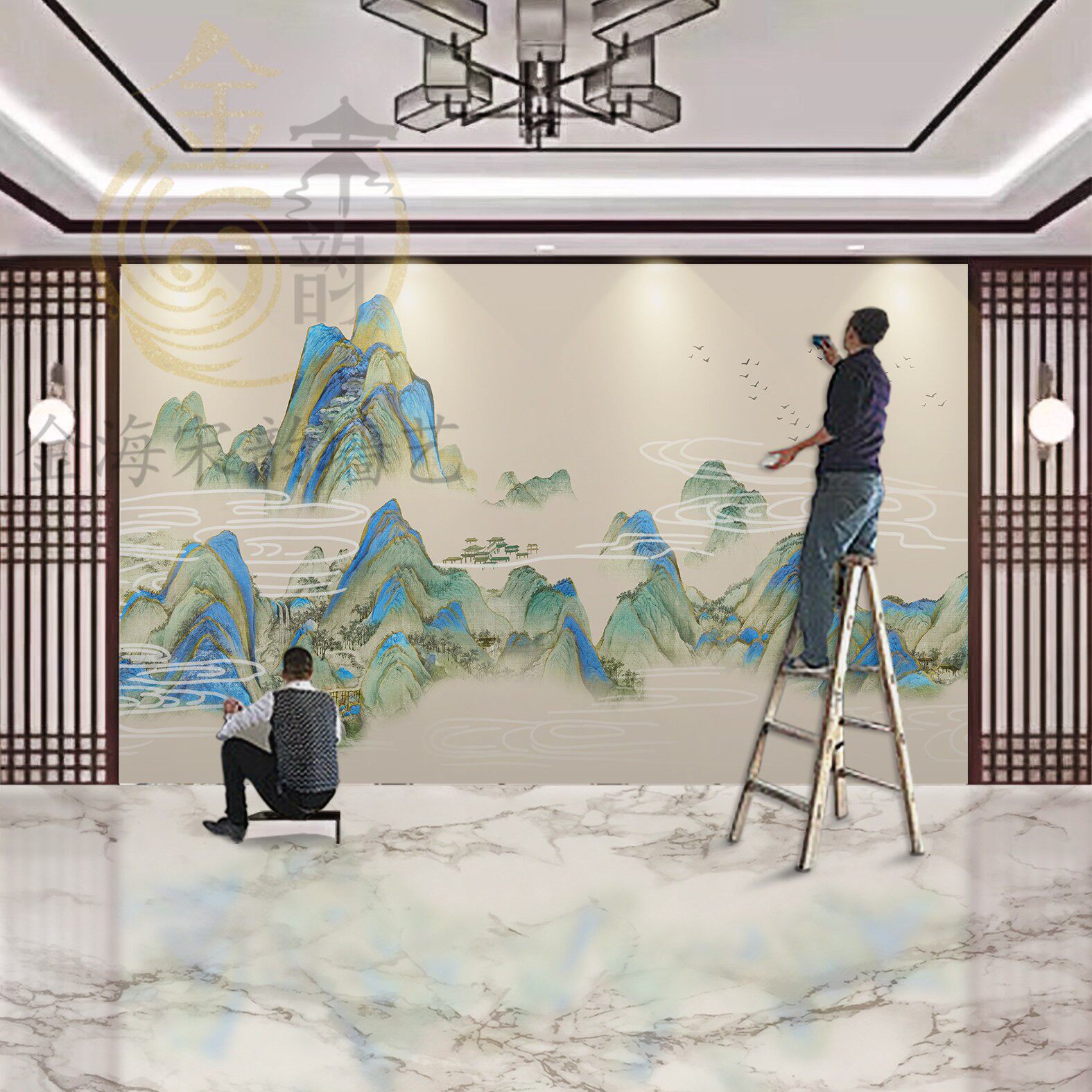 千里江山新中式硬包背景墙壁布客厅沙发茶室装修餐厅墙布山水墙纸