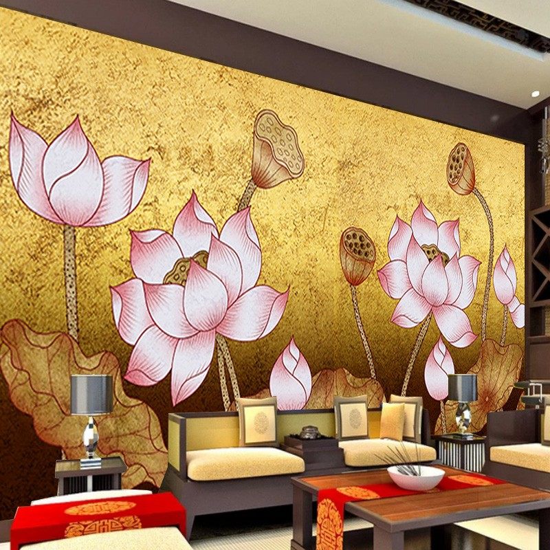 金箔荷花壁纸佛家文化墙贴客厅电视背景壁画金色莲花寺庙佛堂墙纸,家装主材,定制壁画,淘宝优惠券,粉丝福利购,淘宝优惠卷