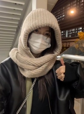 韩版帽子围巾一体加厚保暖毛线帽冬季骑行防风护耳巴拉克拉法帽