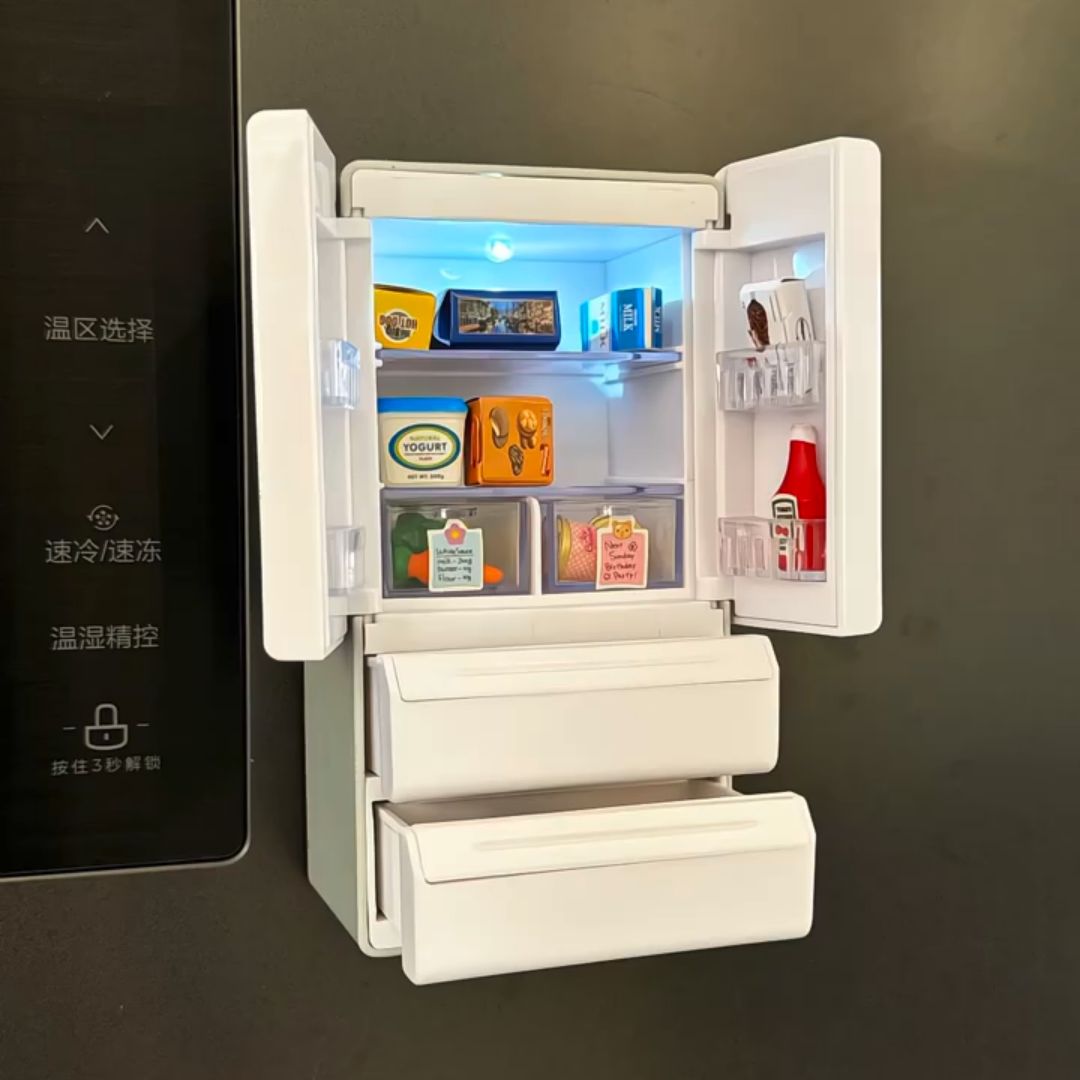 仿真双开门冰箱3D微缩食玩模型冰箱贴过家家迷你蔬菜食物磁吸贴饰