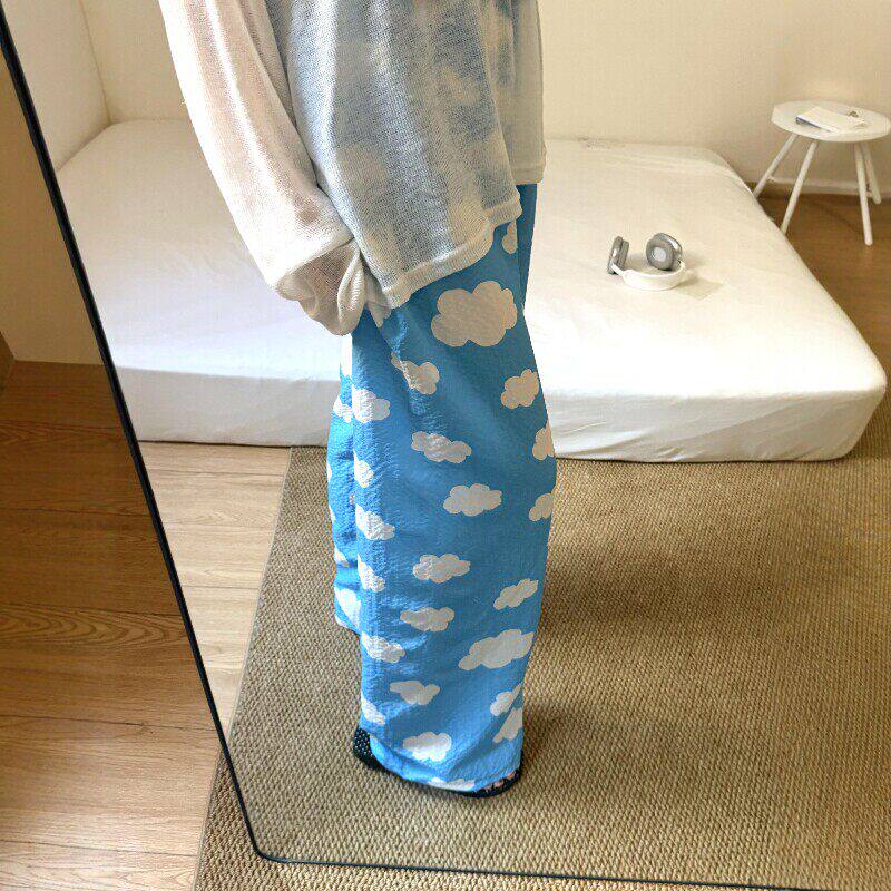 蓝色云朵裤子女夏薄款遛弯裤宽松垂坠感防蚊睡裤直筒休闲裤慵懒风