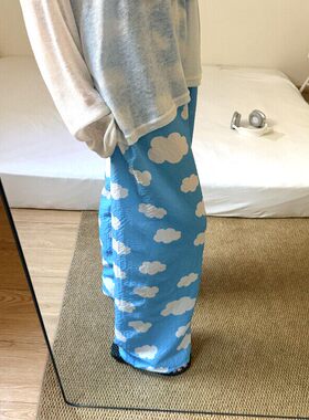 蓝色云朵裤子女夏薄款遛弯裤宽松垂坠感防蚊睡裤直筒休闲裤慵懒风