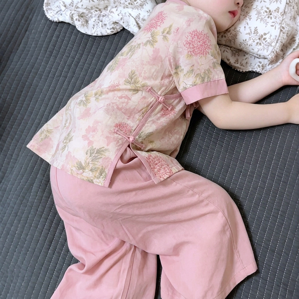 母女装洋派新中式国风亲子装中大童短袖九分裤棉绸两件套日常可穿