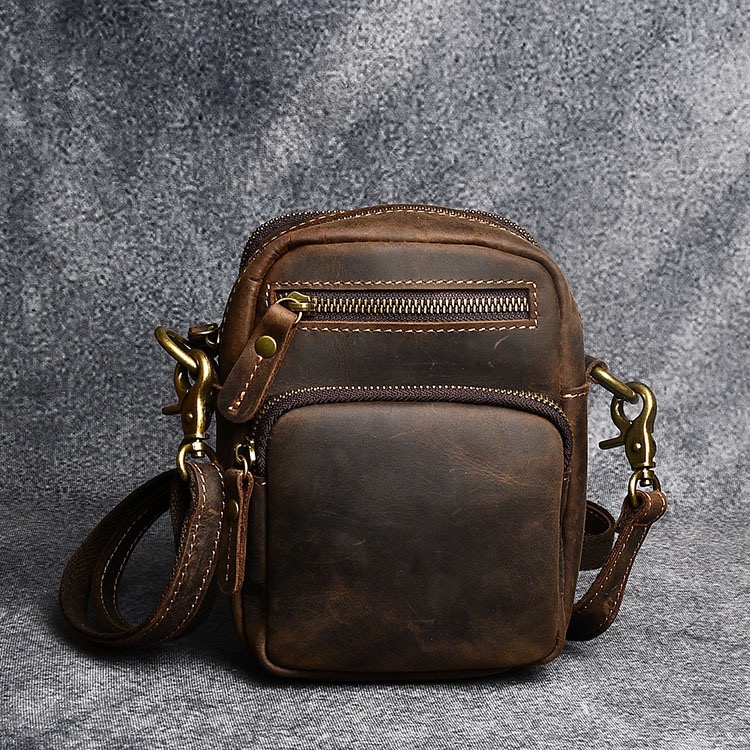 复古男士个性疯马牛皮手机包腰包头层牛皮单肩包多功能户外斜挎包