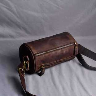 新款复古疯马皮圆筒包真皮单肩包男女通用头层牛皮斜跨包简约休闲