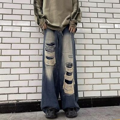 美式街头水洗做旧破洞牛仔裤男春秋直筒宽松欧美高街vibe风长裤子