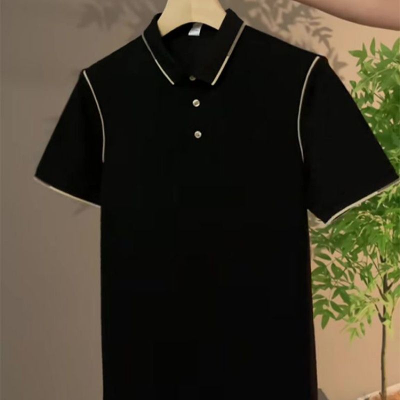 夏季简约穿搭短袖polo衫撞接时尚百搭上班高级感轻熟风翻领半袖男